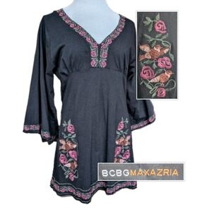 BCBG MAXAZRIA Y2K Babydoll Dress L Black Embroidered Boho Whimsigoth Deadstock
